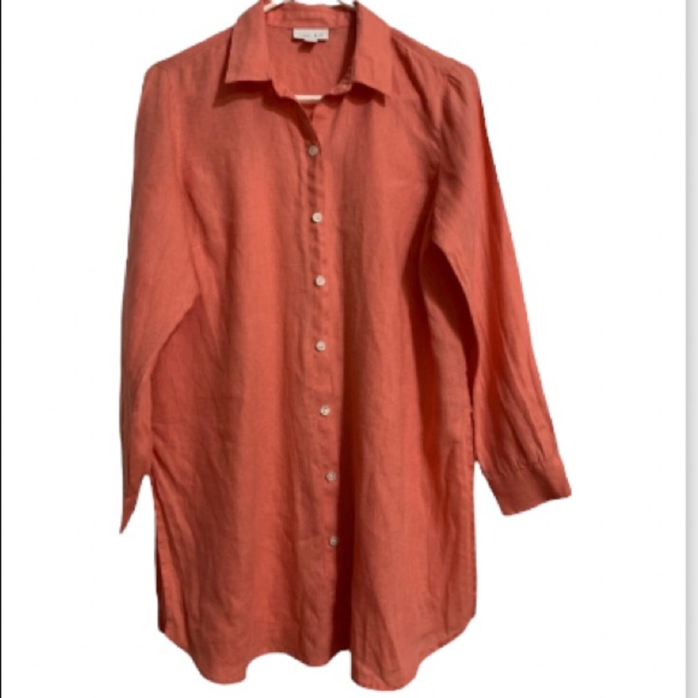 J Jill Love Linen Women’s Tunic Top Button Front Side Slit Orange Coral Sz Sm P